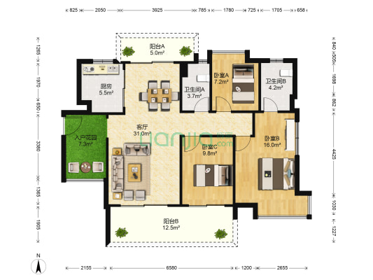 星汇云锦B区 3室1厅2卫 120平方