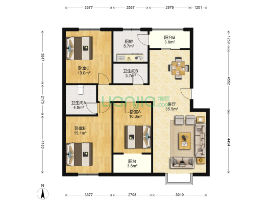和顺家园四区 3室1厅2卫 122平方