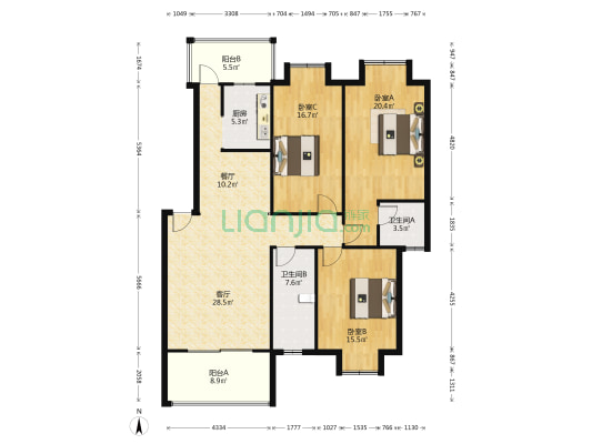 枫丹雅苑 3室2厅2卫 128平方