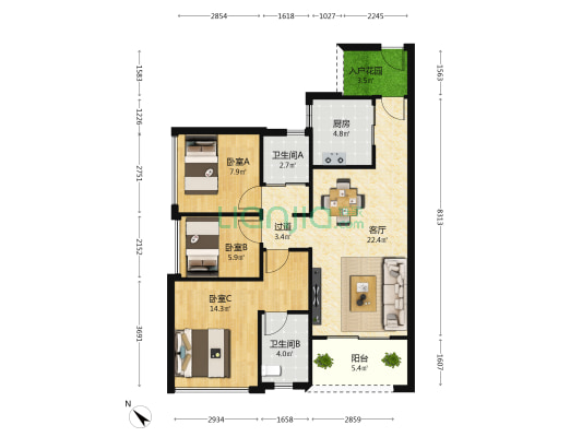 广州万科城 3室1厅2卫 88平方