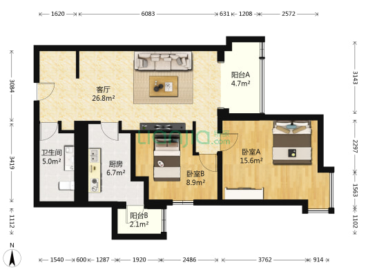 京贸国际公寓 2室1厅1卫 96平方
