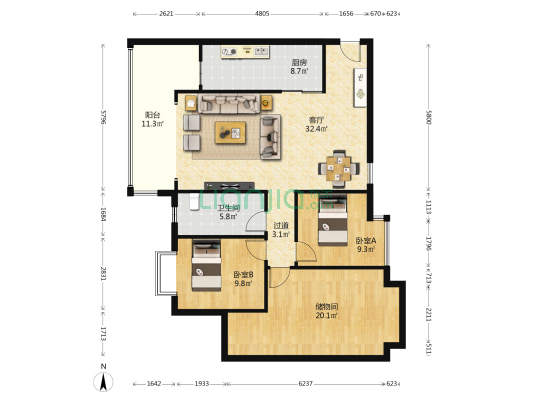 恒大悦府 2室1厅1卫 135平方