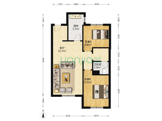万科公园大道西区 2室1厅1卫 90平方