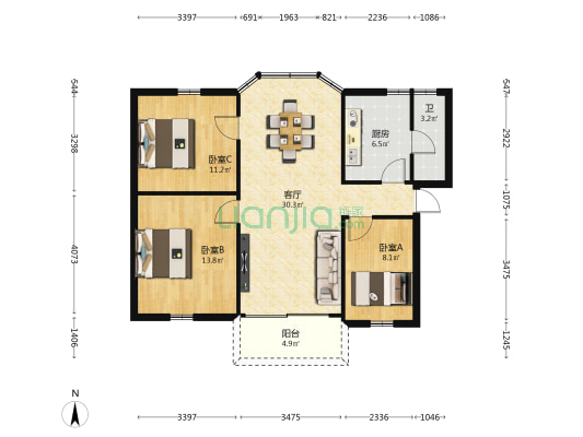 美湾西二区 3室1厅1卫 91平方