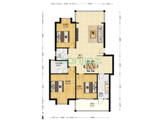 北斗·城南旺角 3室1厅2卫 125平方