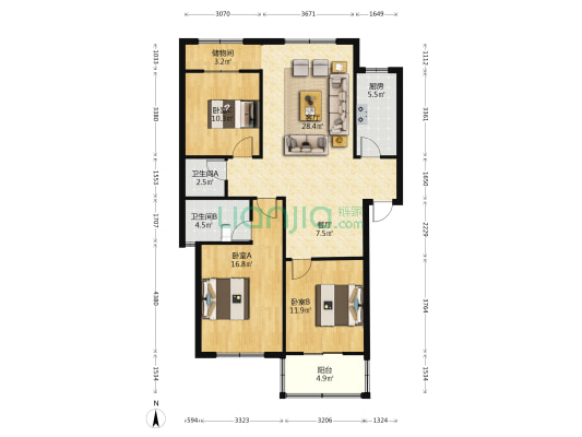 文博花园 3室2厅2卫 117平方