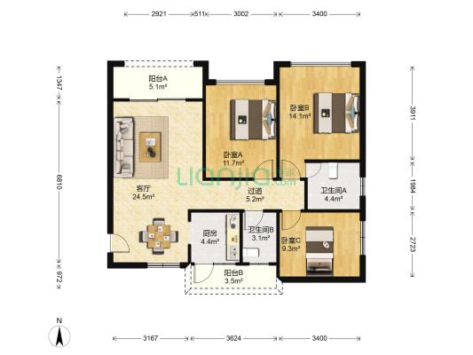福城天街 3室1厅2卫 108平方