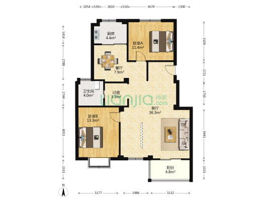 黄贤明珠院 2室2厅1卫 109平方