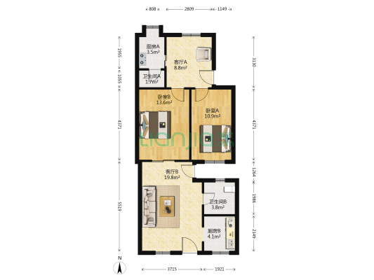 实验小学宿舍 2室2厅2卫 53平方
