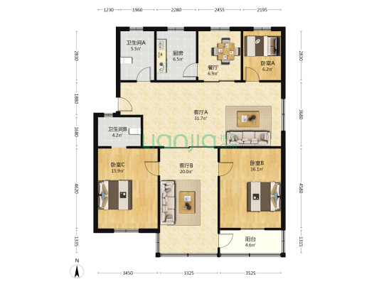 花园浜北村西区 3室3厅2卫 135平方