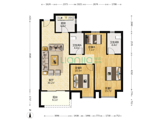 东湖城拾景 3室1厅2卫 118平方