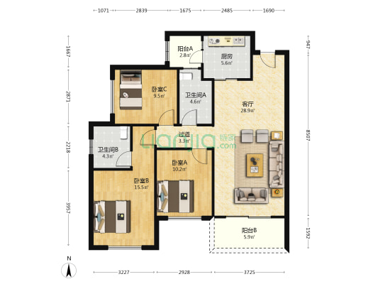 保利时代云门 3室1厅2卫 112平方
