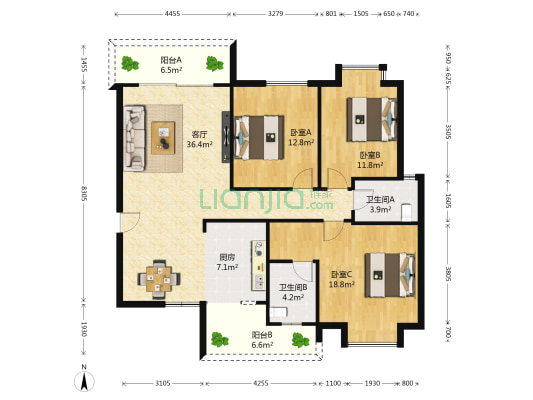 鸿通世纪华庭 3室1厅2卫 119平方