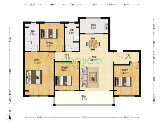绿地敔光雅苑 4室1厅2卫 149平方