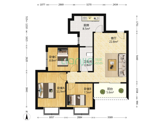 恒大翡翠华庭 3室1厅1卫 92平方