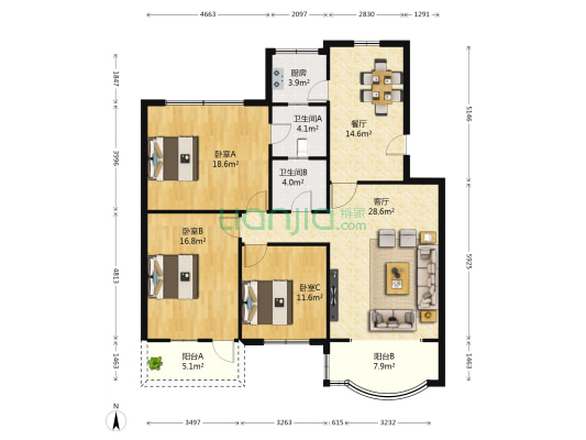 中国人民银行宿舍 3室2厅2卫 127平方