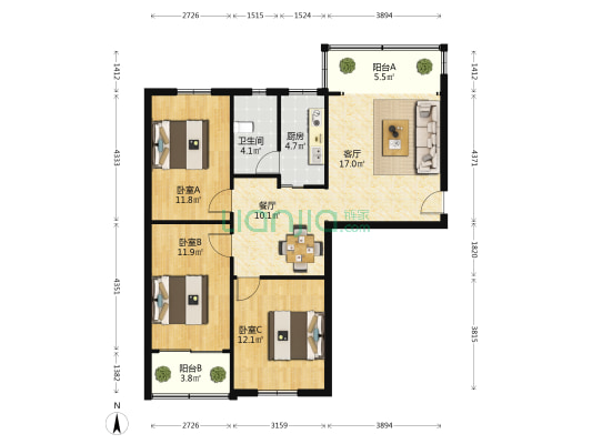 福乐雅苑 3室2厅1卫 92平方