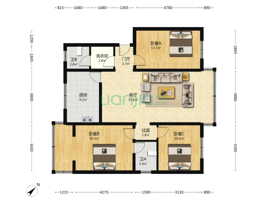 彩虹一苑 3室1厅2卫 117平方