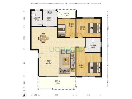 荔新苑 3室1厅2卫 131平方