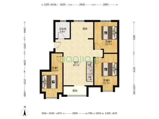城东春晓雅郡和园 3室1厅1卫 93平方