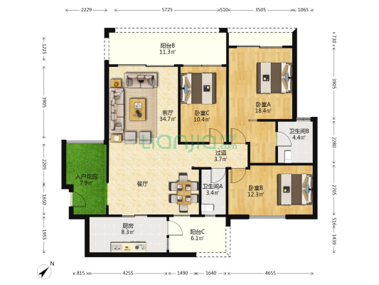 维港湾 3室1厅2卫 135平方