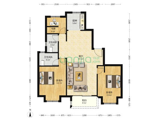 新喜云天花园 3室1厅2卫 129平方