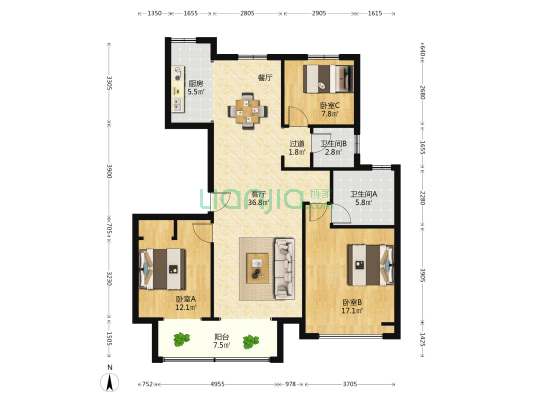 蓝城沁园 3室1厅2卫 124平方