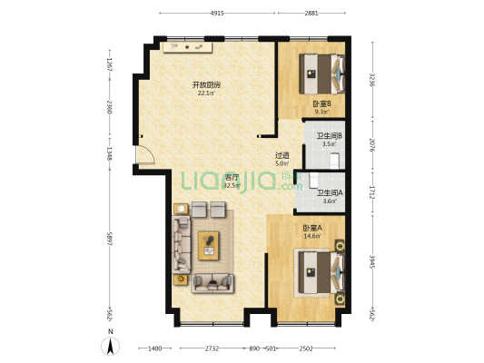 兰庭现河一号 2室1厅2卫 120平方