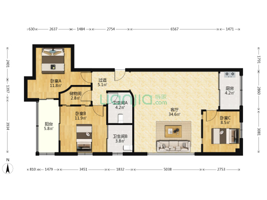 瑞兴大厦 3室1厅2卫 128平方