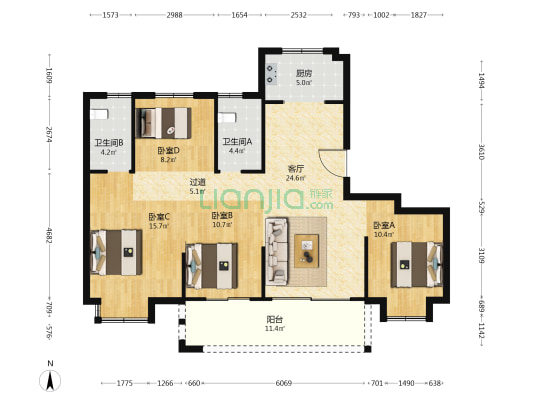 新兴岚湾三期西区 4室1厅2卫 131平方