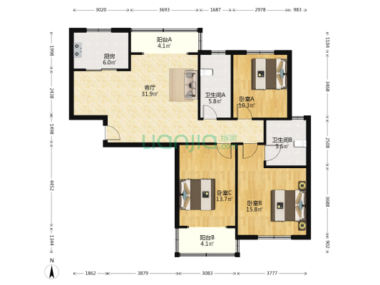 汇康锦苑 3室1厅2卫 122平方