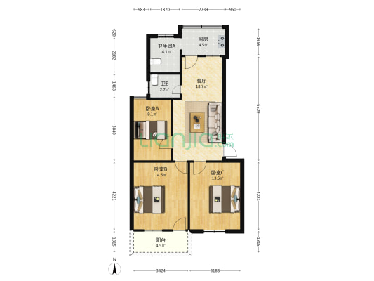 华南小区 3室1厅2卫 90平方