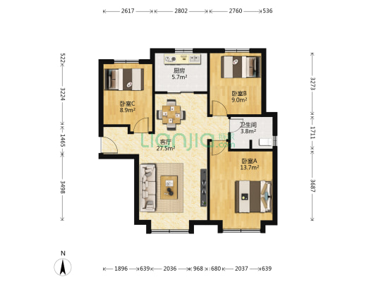 贻成锦铂园 3室1厅1卫 100平方