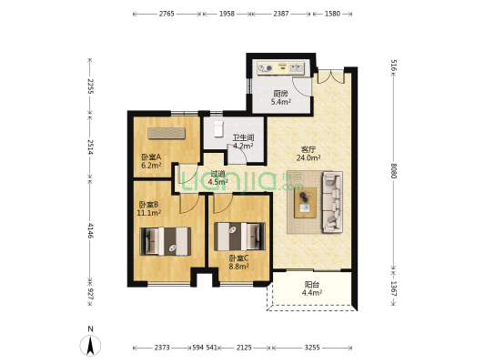 路劲银城澜仕里 3室1厅1卫 88平方