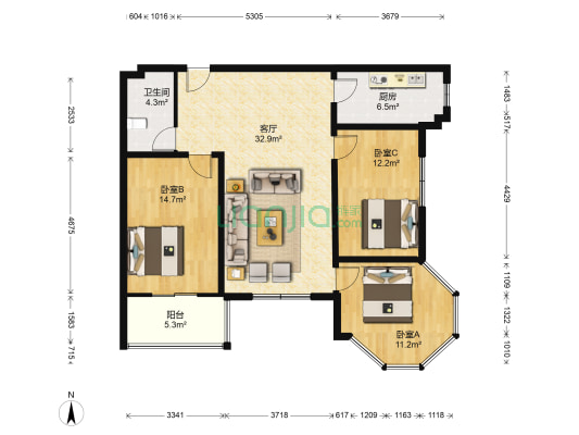 东方美墅 3室1厅1卫 110平方