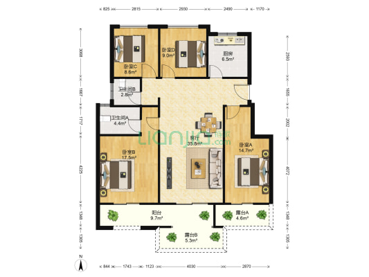 晖达新世界一期 4室1厅2卫 135平方