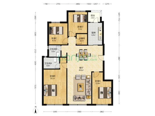 建发天府养云 4室1厅2卫 129平方