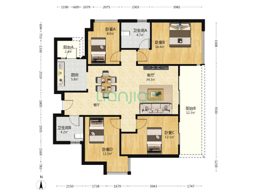 融创香璟台东苑二期 4室1厅2卫 128平方