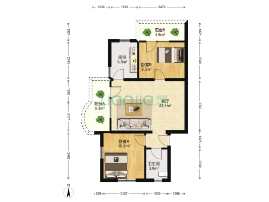 悦华公寓 2室1厅1卫 76平方