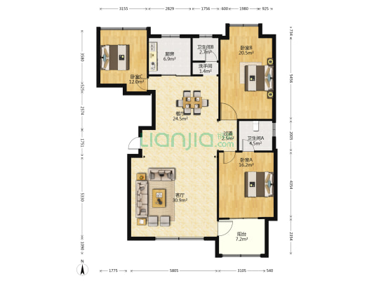雷峰山嘉園 3室2厅3卫 158平方
