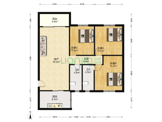 幸福花园 3室1厅2卫 111平方