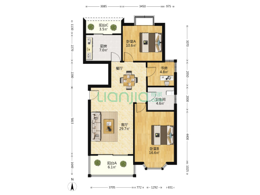 锦三角花园(公寓) 3室1厅1卫 103平方