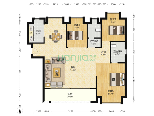 华发公园首府 3室1厅2卫 143平方