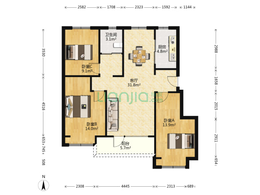 华润置地大连湾国际社区C3区 3室1厅1卫 101平方