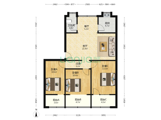 乡镇公寓 3室2厅1卫 95平方