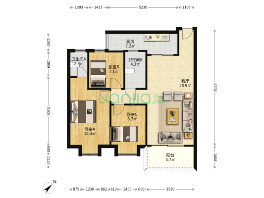 雅湖轩 3室1厅2卫 93平方