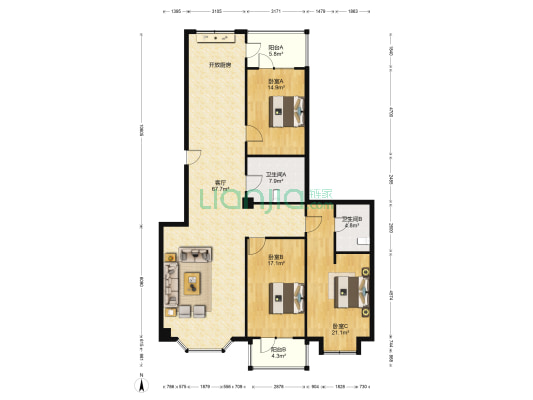 亿达新世界 3室1厅2卫 175平方
