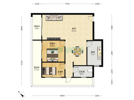 曦圆廊桥 2室1厅1卫 139平方