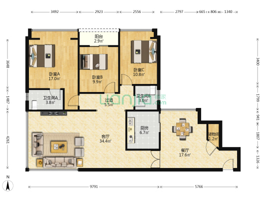 清江上城 3室2厅2卫 128平方