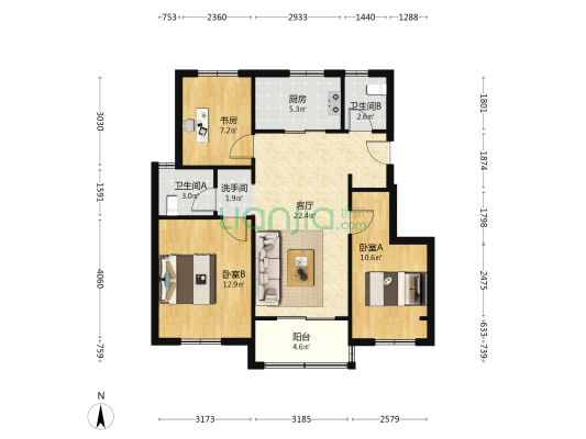泊岸时光印 3室1厅3卫 90平方